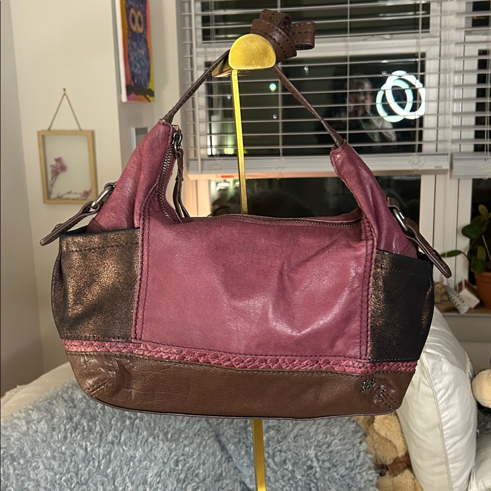 The Sak Two-Tone Leather Shoulder Bag in Plum and Brown 14”x 7.5”x 3.75” EUC